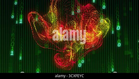 Swirling glowing particle cloud hovering in virtual matrix, with binary digits and code streams Stock Photo