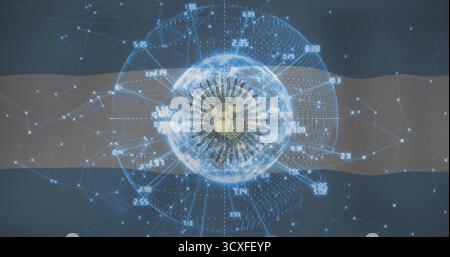 Displaying holographic globe projecting data network in virtual space, with sun emblem and numbers Stock Photo