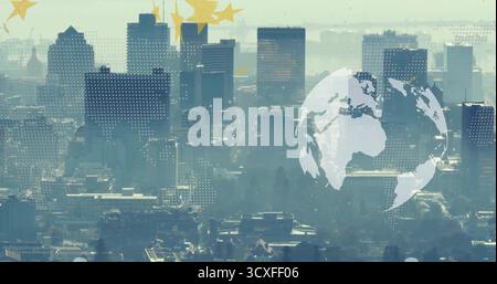 Displaying semi-transparent globe hovering over hazy city skyline with dotted pixels, golden stars Stock Photo