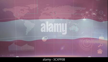 Displaying interface with dotted world map over pink waves featuring pie chart and house icon Stock Photo