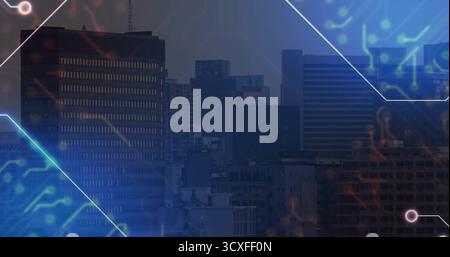 Featuring stylized city skyline blending tech motifs on rooftop view, with glowing circuit overlays Stock Photo