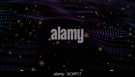 Glowing grid of illuminated dots undulating in digital environment, with floating golden particles Stock Photo