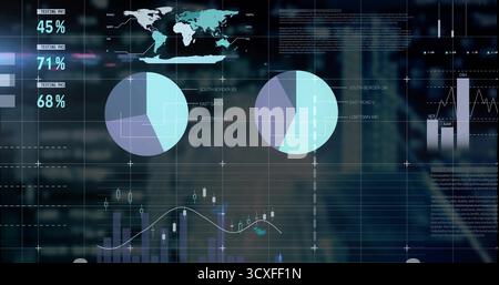 Dashboard overlaying dusk skyline, presenting world map and charts with percentages and trend lines Stock Photo