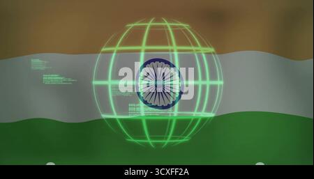 Spinning neon green wireframe globe over flag backdrop showing blue Ashoka Chakra code snippets Stock Photo