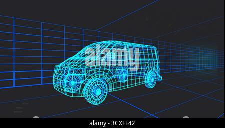 Displaying wireframe van sitting on floor in 3D modeling space, with grid walls and ceiling grids Stock Photo