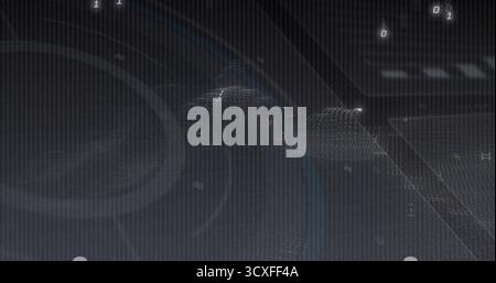 Displaying undulating wireframe mesh wave in interface with grid lines, HUD rings and binary digits Stock Photo