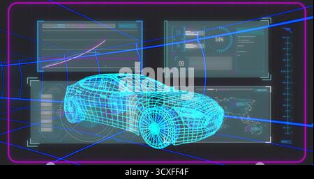 Displaying neon blue wireframe sports car in futuristic virtual interface, with holographic panels Stock Photo