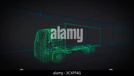 Displaying 3D wireframe cargo truck glowing green inside blue grid-lined round tunnel, neon scene Stock Photo