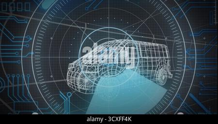 Rendering wireframe 3D SUV in dark grid interface with HUD overlays, circuit lines projection cone Stock Photo