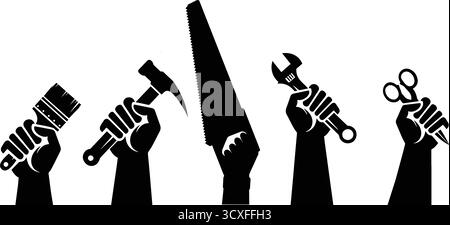 hands with tools icon over white background, , vector illustration Stock Vector