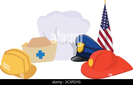 A cartoon of a police officer, a firefighter, a nurse, and a chef. The police officer is wearing a badge and a hat, the firefighter is wearing a red h Stock Vector
