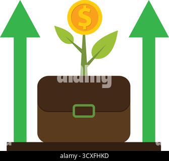 Money plant growth Suitcase illustration concept with up arrow business finance graph growth and bag money coin. investment arrow up Money Growth vect Stock Vector