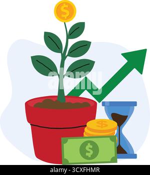 Money plant growth arrow with hourglass vector illustrationbusiness finance graph growth and bag money coin. investment arrow up Money Growth vector i Stock Vector