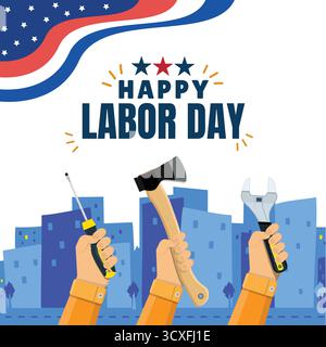 Labor day banner with hands holding tools. Vector illustration in flat style. Stock Vector