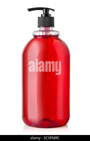 Red plastic bottle containing liquid soap with a pump dispenser, isolated on white Stock Photo