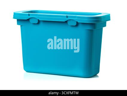 Studio shot of a closed light blue plastic storage box with reflection, isolated on white Stock Photo