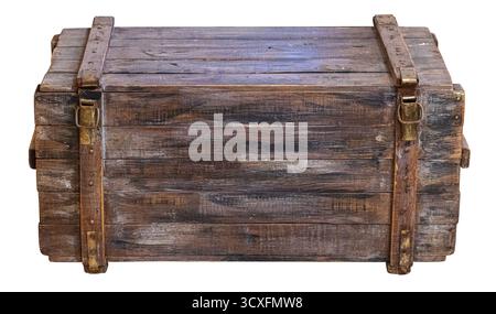 Old wooden crate displaying rustic texture and vintage appeal, isolated on white Stock Photo
