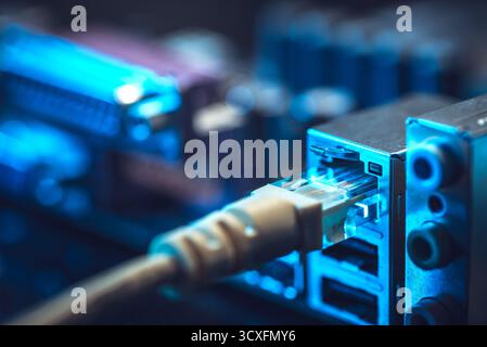 Fiber Optic cables connected to an optic ports and Network cables connected to ethernet ports.  Stock Photo