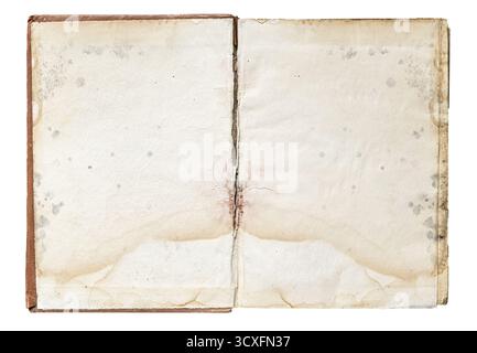 Open vintage book showing blank aged pages with mold and stains, transparent background Stock Photo