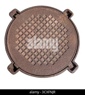 Rusty manhole cover featuring a textured surface, isolated on a transparent background Stock Photo
