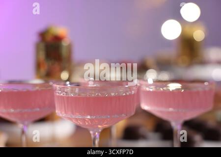 Buffet menu. Delicious desserts and drinks on table, selective focus Stock Photo