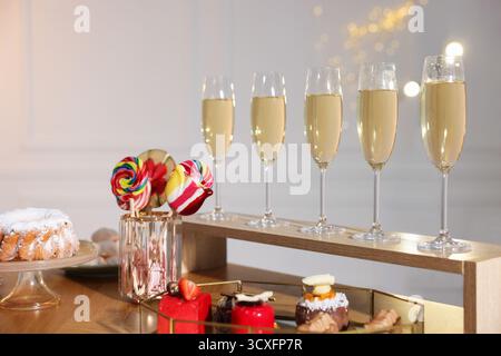 Buffet menu. Delicious desserts and drinks on table Stock Photo