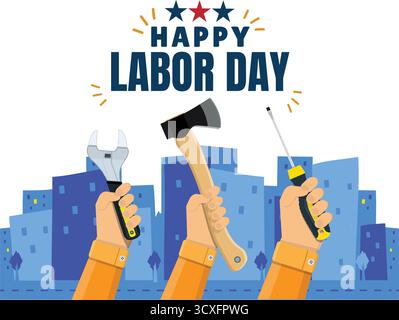 Labor day banner with hands holding tools. Vector illustration in flat style. Stock Vector