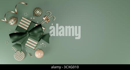 Christmas gift boxes, ornaments, and candy canes arranged on a green surface. 3d rendering Stock Photo
