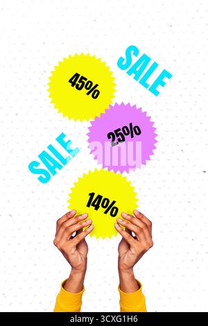 Vertical banner image photo collage of human hand show percentage symbol sale market promotion final discount offer price Stock Photo