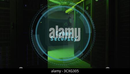 Displaying Cyber Security interface in data center corridor under green lighting, with server racks Stock Photo