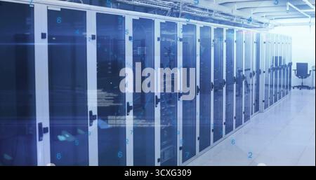 Showing row of glass-front server cabinets lining data center corridor with cable trays overhead Stock Photo