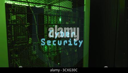 Showing server rack glowing behind perforated grille in data center, with Cyber Security text Stock Photo