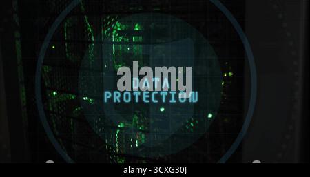 Translucent overlay displaying DATA PROTECTION over rack in data center with green LEDs glowing Stock Photo