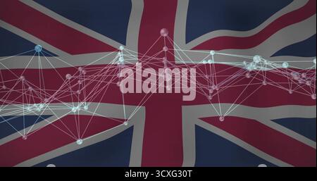Floating translucent spheres and glowing lines over digital Union Jack background, data graph Stock Photo