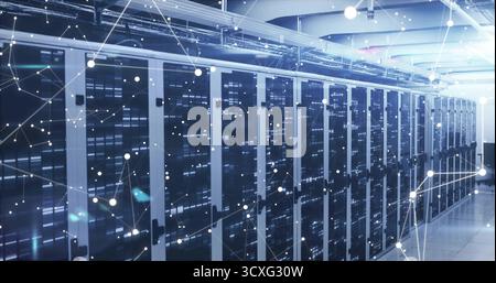 Lighting up server racks lining data center aisle, with network switches and digital node overlay Stock Photo