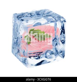 Fresh raw tuna fillet in ice cube on white background Stock Photo