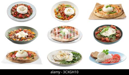 Different dishes with burrata cheese isolated on white, set Stock Photo