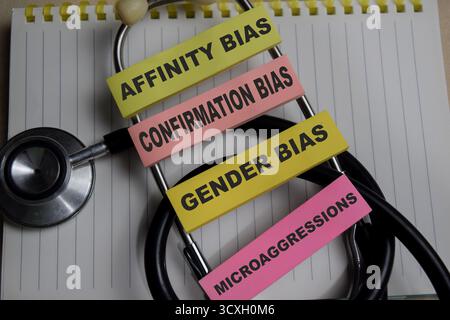 Concept of 4 types of unconscious bias. Affinity, confirmation, gender, microaggressions write on sticky notes isolated on Wooden Table. Stock Photo