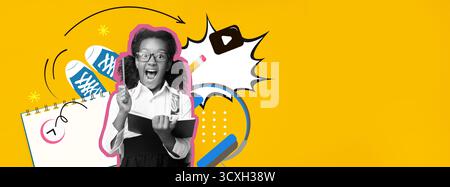 Exciting Collage of a Joyful Child With Books and School Supplies on a Vibrant Yellow Background Stock Photo