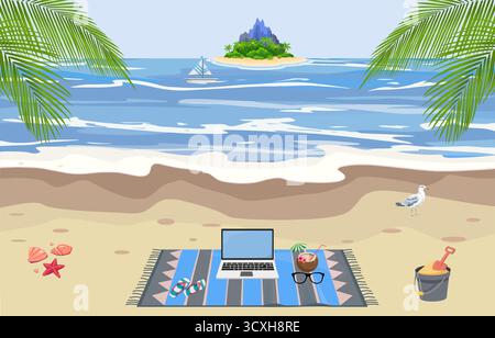 Tropical beach scene with a laptop on a striped mat, surrounded by sunglasses, a drink in a coconut, flip-flops, and seashells. Palm leaves frame the Stock Vector