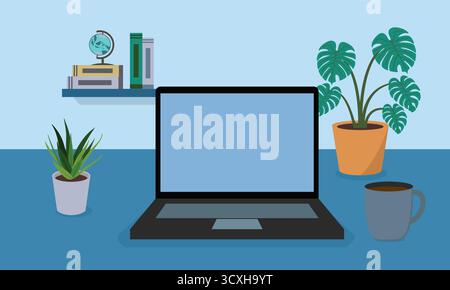 A workspace featuring an open laptop on a blue surface. To the right, a gray mug and a potted Monstera plant (Monstera deliciosa) add greenery. On the Stock Vector