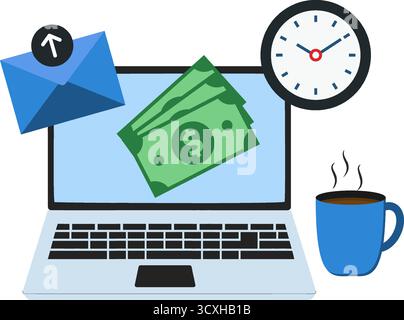 A digital illustration featuring a laptop with a financial theme. On the screen, there's a stack of green dollar bills symbolizing money. Adjacent to Stock Vector