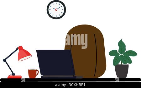 Organized workspace with a laptop on a black desk. A red desk lamp and matching mug sit to the left. A green potted plant is on the right. Behind, a b Stock Vector