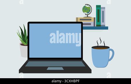 Laptop with a blank blue screen sits on a surface. To the left, a small, green succulent in a white pot. On the right, a steaming mug of coffee. A flo Stock Vector