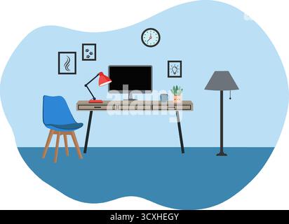Illustration of a workspace featuring a computer on a desk with a red desk lamp, plant, and coffee mug. A blue chair with wooden legs stands nearby. A Stock Vector