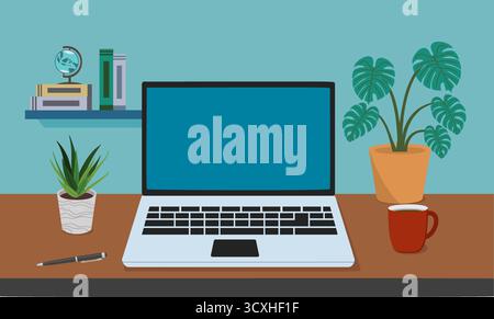 A workspace featuring an open laptop on a blue surface. To the right, a gray mug and a potted Monstera plant (Monstera deliciosa) add greenery. On the Stock Vector