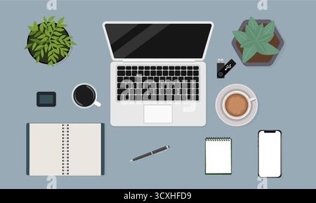Laptop with black screen, keyboard in the center, flanked by a potted plant and succulent. Nearby, a black coffee cup, a pen, spiral notebook, notepad Stock Vector