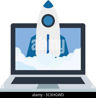 Rocket coming out of laptop computer screen for business startup launch concept on top of office desk, vector flat illustration Stock Vector