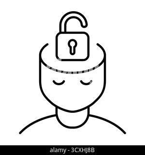 Open Minded concept. Head with open padlock line icon. Unlocked thinking symbolizing open mindedness, education, therapy, mental freedom. Vector Stock Vector