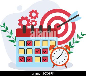 Business Time Management Calendar, Goal Setting, and Productivity Icons Stock Vector